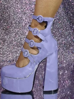 Bottines à talons hauts roses avec boucle et plateforme découpées à talons blocs