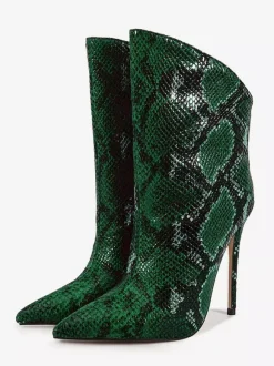 Bottines vertes à bout pointu et talon haut à motif serpent pour femme