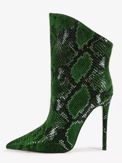 Bottines vertes à bout pointu et talon haut à motif serpent pour femme