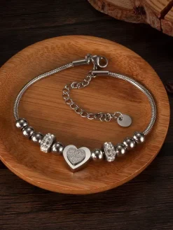 Bracelet en acier inoxydable avec c艙ur et perles pour femme 2026