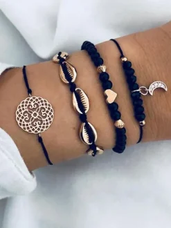 Bracelet Femme Noir Crochet Faux Cuir Non Pierre Multi-Chaîne Chaîne Bracelets Tissés