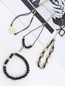 Bracelet Femme Noir Crochet Faux Cuir Non Pierre Multi-Chaîne Chaîne Bracelets Tissés