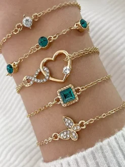 Bracelet Papillon Coeur Cristal Strass En Couches 5 Pièces Ensemble