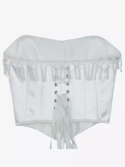 Bustier blanc pour femme avec pompon et bandage dans le dos et corset sous la poitrine