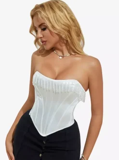 Bustier blanc pour femme avec pompon et bandage dans le dos et corset sous la poitrine