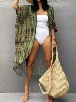 Cache-maillot maxi oversize à volants et manches longues tie-dye manches chauve-souris vert décontracté maillot de bain d'été pour la plage