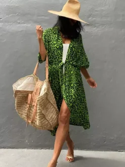Cache-maillot maxi oversize à volants et manches longues tie-dye manches chauve-souris vert décontracté maillot de bain d'été pour la plage