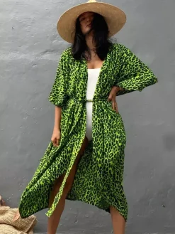 Cache-maillot maxi oversize à volants et manches longues tie-dye manches chauve-souris vert décontracté maillot de bain d'été pour la plage