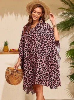 Cache-maillots oversize à manches courtes et col rabattu manches chauve-souris maillots de bain léopard sexy.