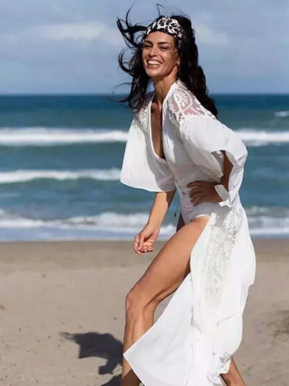 Cache-maillots oversize en dentelle ajourée à manches longues maillots de bain blancs d'été pour la plage