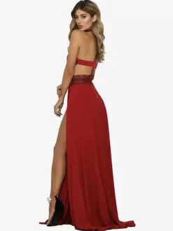 Cadeau Saint Valentin Robes Longues en Mousselines Sexy Cousu en Dentelles Creusantes sans Manches à Col Rond avec Dos Nu à Lacets Coupe Cintrée Fente Latérale Unicolore Robes de Soirées