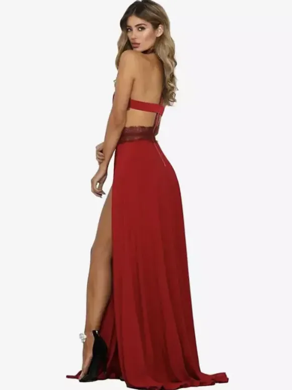 Cadeau Saint Valentin Robes Longues en Mousselines Sexy Cousu en Dentelles Creusantes sans Manches à Col Rond avec Dos Nu à Lacets Coupe Cintrée Fente Latérale Unicolore Robes de Soirées
