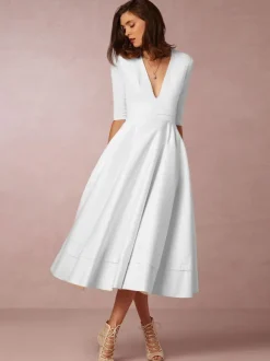 Cadeau Saint Valentin Robe de Soirée en Mousselines Longues à Col V avec Manches Mi-longues Coupe Cintrée Bas Evasée Unicolore Robe de Cocktail
