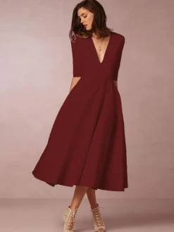Cadeau Saint Valentin Robe de Soirée en Mousselines Longues à Col V avec Manches Mi-longues Coupe Cintrée Bas Evasée Unicolore Robe de Cocktail