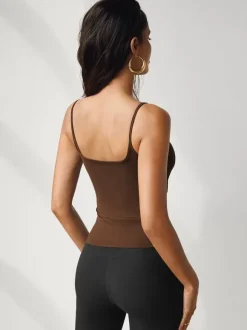 Café Marron Cami Top Bretelles Cou Sexy Polyester Femmes Camis