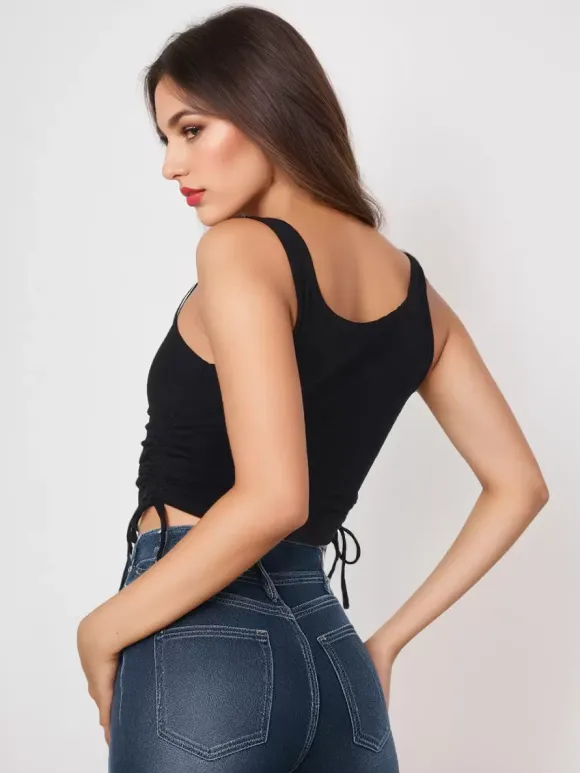 Camisole bleu ciel clair col en U cordon de serrage Polyester Convertible Chic femmes Camis