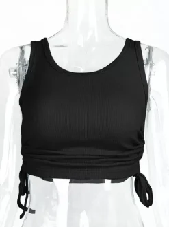 Camisole bleu ciel clair col en U cordon de serrage Polyester Convertible Chic femmes Camis