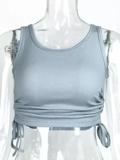 Camisole bleu ciel clair col en U cordon de serrage Polyester Convertible Chic femmes Camis