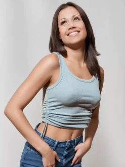 Camisole bleu ciel clair col en U cordon de serrage Polyester Convertible Chic femmes Camis