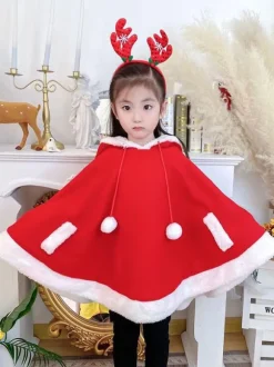 Cape De Noël Enfants Cape En Fibre De Polyester Rouge Bloc De Couleur Capes Cadeaux Noël