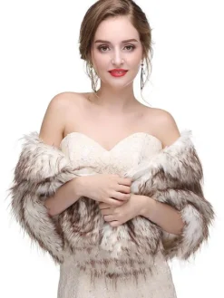 Cape Manteau Poncho Femme Mariage en Fousse Fourrure Synthétique à Col V Taille Haute Bicolores