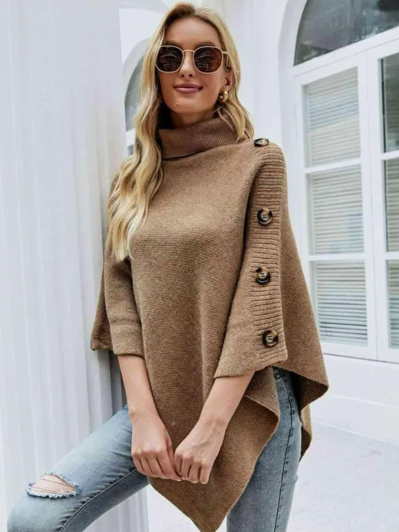 Cape Poncho Femme Côtelé à Col Montant avec Manches Longues Unicolore Manteau Femme