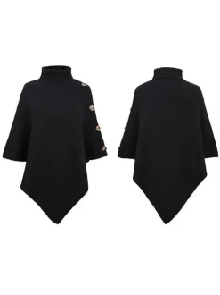 Cape Poncho Femme Côtelé à Col Montant avec Manches Longues Unicolore Manteau Femme