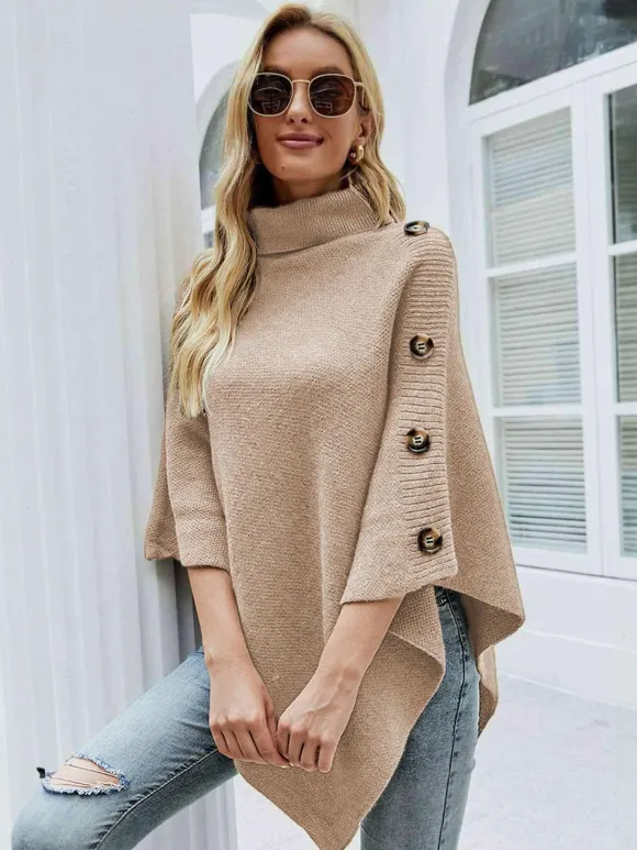 Cape Poncho Femme Côtelé à Col Montant avec Manches Longues Unicolore Manteau Femme