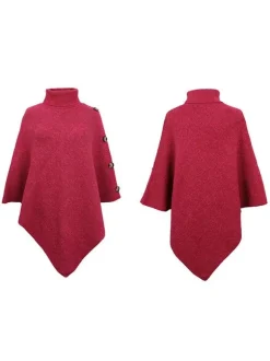 Cape Poncho Femme Côtelé à Col Montant avec Manches Longues Unicolore Manteau Femme