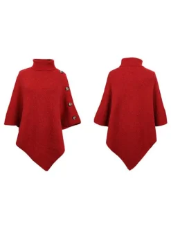 Cape Poncho Femme Côtelé à Col Montant avec Manches Longues Unicolore Manteau Femme