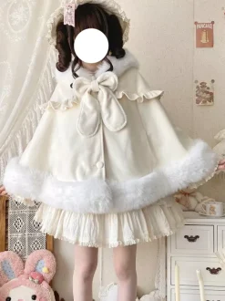 Cape Sweet Lolita en laine à capuche avec oreilles de lapin et poches idéale pour la mode Lolita automne-hiver.