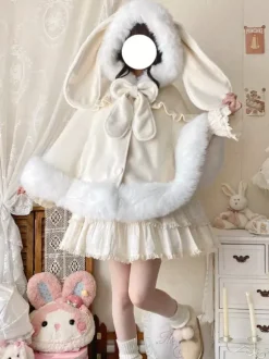 Cape Sweet Lolita en laine à capuche avec oreilles de lapin et poches idéale pour la mode Lolita automne-hiver.