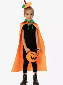 Cape citrouille d'Halloween pour enfants cape orange en peluche avec capuche en forme de feuille joli costume de friandises