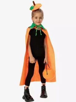 Cape citrouille d'Halloween pour enfants cape orange en peluche avec capuche en forme de feuille joli costume de friandises