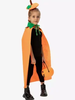 Cape citrouille d'Halloween pour enfants cape orange en peluche avec capuche en forme de feuille joli costume de friandises