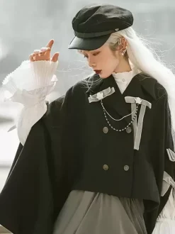 Cape gothique Lolita en polyester marron café avec n艙uds et chaînes pour vêtements d'extérieur Lolita d'hiver