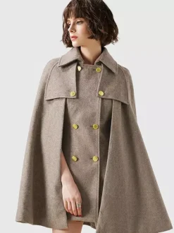 Capes Manteau Poncho Femmes Courtes à Col Revers Décors avec Boutonnages Croisées Unicolore
