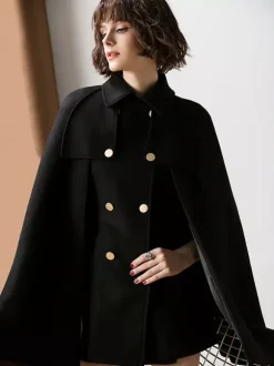 Capes Manteau Poncho Femmes Courtes à Col Revers Décors avec Boutonnages Croisées Unicolore