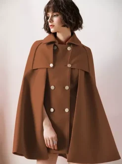 Capes Manteau Poncho Femmes Courtes à Col Revers Décors avec Boutonnages Croisées Unicolore