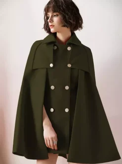 Capes Manteau Poncho Femmes Courtes à Col Revers Décors avec Boutonnages Croisées Unicolore
