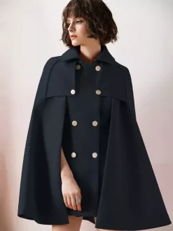 Capes Manteau Poncho Femmes Courtes à Col Revers Décors avec Boutonnages Croisées Unicolore
