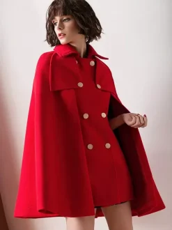 Capes Manteau Poncho Femmes Courtes à Col Revers Décors avec Boutonnages Croisées Unicolore