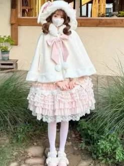 Cape Sweet Lolita avec n艙ud papillon et oreilles de lapin cape en fourrure de lapin premium vêtement d'extérieur chaud et mignon