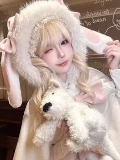 Cape Sweet Lolita avec n艙ud papillon et oreilles de lapin cape en fourrure de lapin premium vêtement d'extérieur chaud et mignon