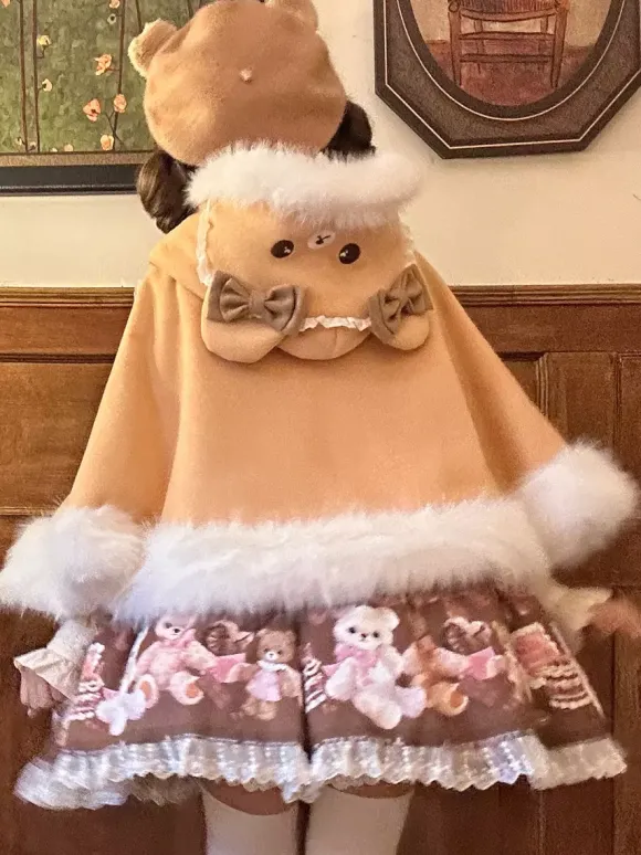 Cape Sweet Lolita doublée en peluche cape de Noël à capuche avec broderie