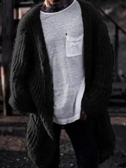 Cardigan Long Pour Hommes Pulls Décontracté Manches Longues Noir Café Marron