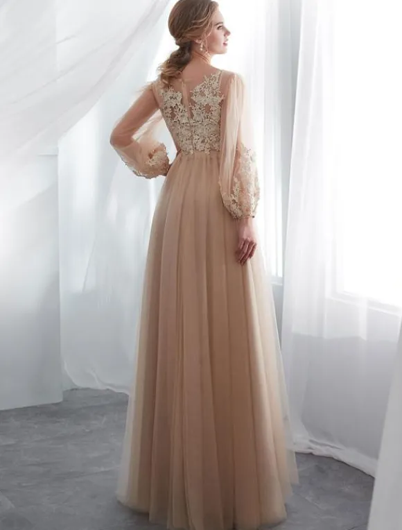 Champagne robes de bal à manches longues en dentelle tulle une ligne longueur au sol robe formelle robes d'invité de mariage