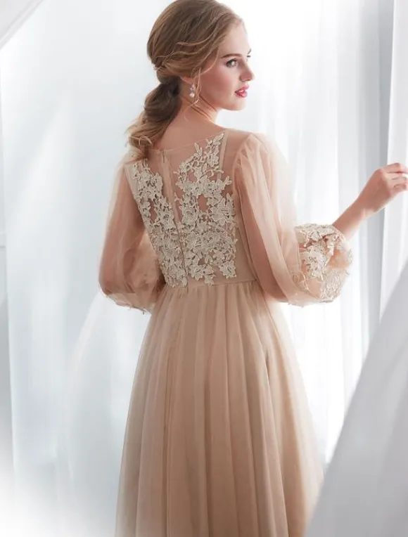 Champagne robes de bal à manches longues en dentelle tulle une ligne longueur au sol robe formelle robes d'invité de mariage