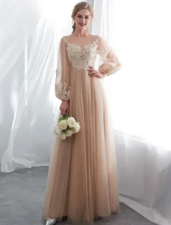 Champagne robes de bal à manches longues en dentelle tulle une ligne longueur au sol robe formelle robes d'invité de mariage