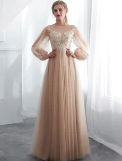 Champagne robes de bal à manches longues en dentelle tulle une ligne longueur au sol robe formelle robes d'invité de mariage